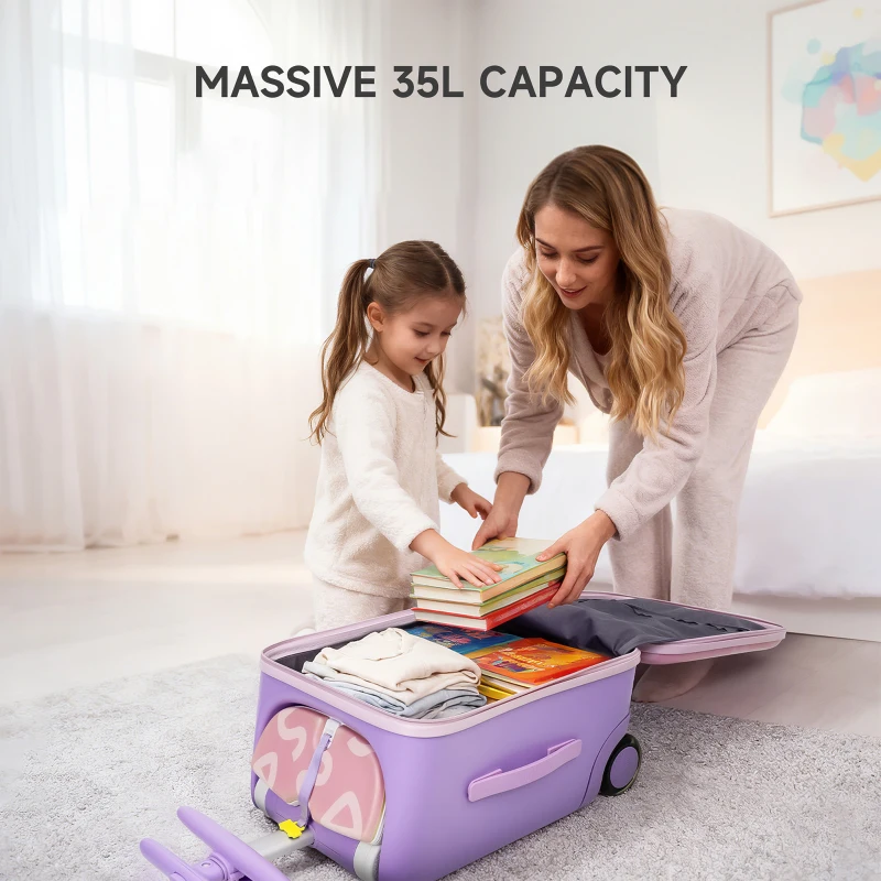 Fun Ride-On Kids Suitcase with Universal 360 Wheels, 3-in-1 Trolley Cabin Hand Luggage Carry On Bag with Armrests, 39L x 28.5W x 57H cm, Pink