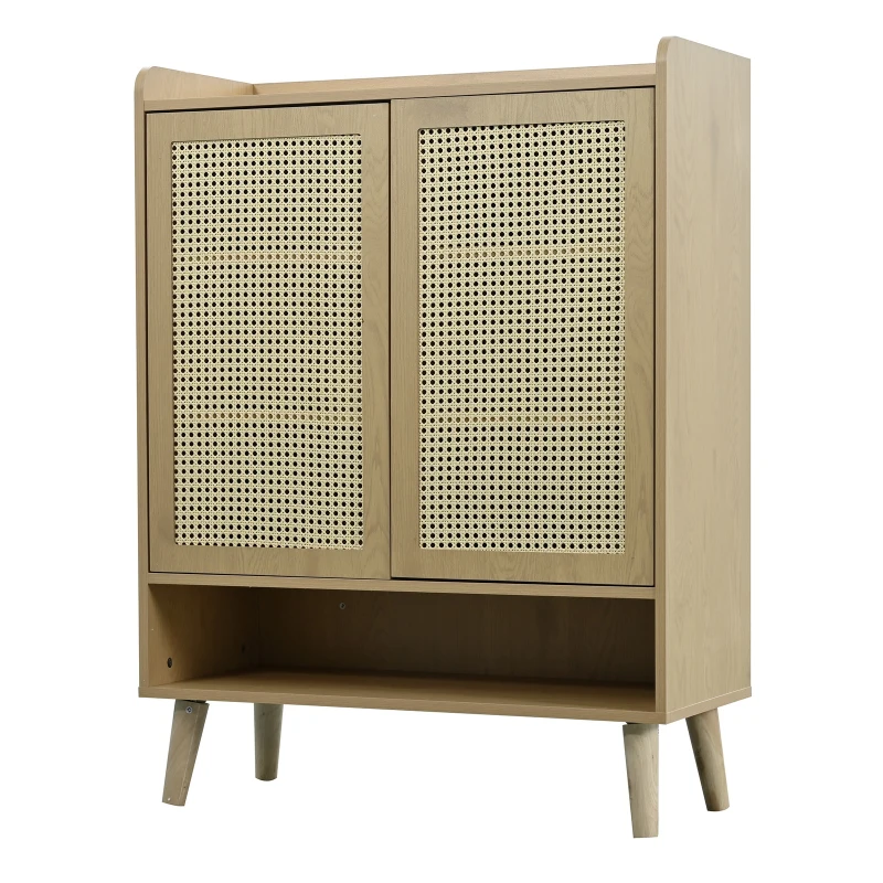 Modern Shoe Cabinet Storage Combo with 5-Tier Shelves, Freestanding Cupboard Organiser with Rattan Doors, 80L x 35W x 105H cm, Light Oak