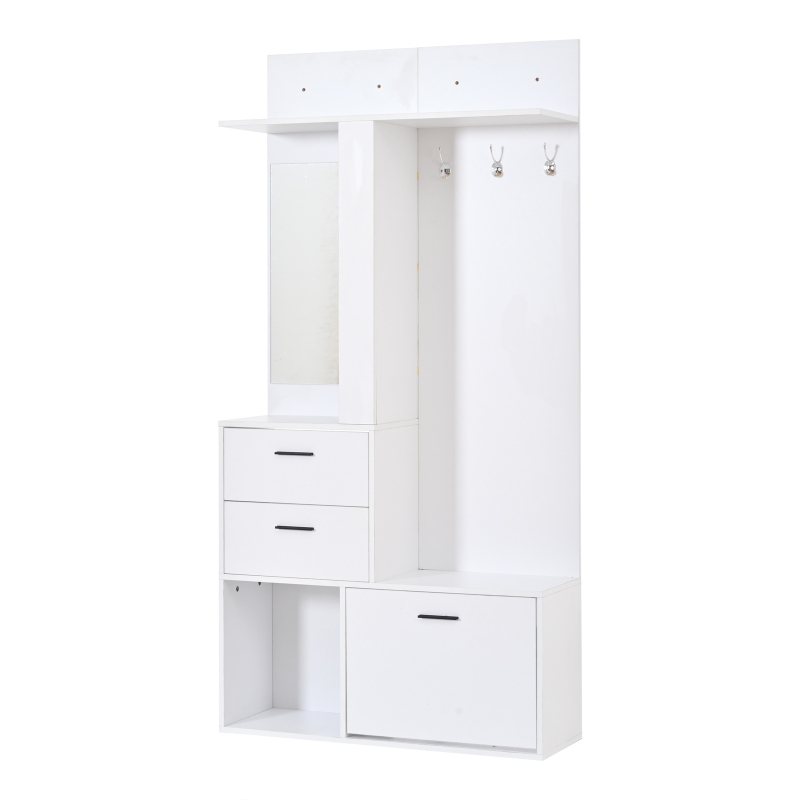 Modern Hall Tree with Mirror and Fold-Out Shoe Rack, Space-Saving Entryway Organizer with 3 Hooks and Drawers, 90L x 30W x 180H cm, White