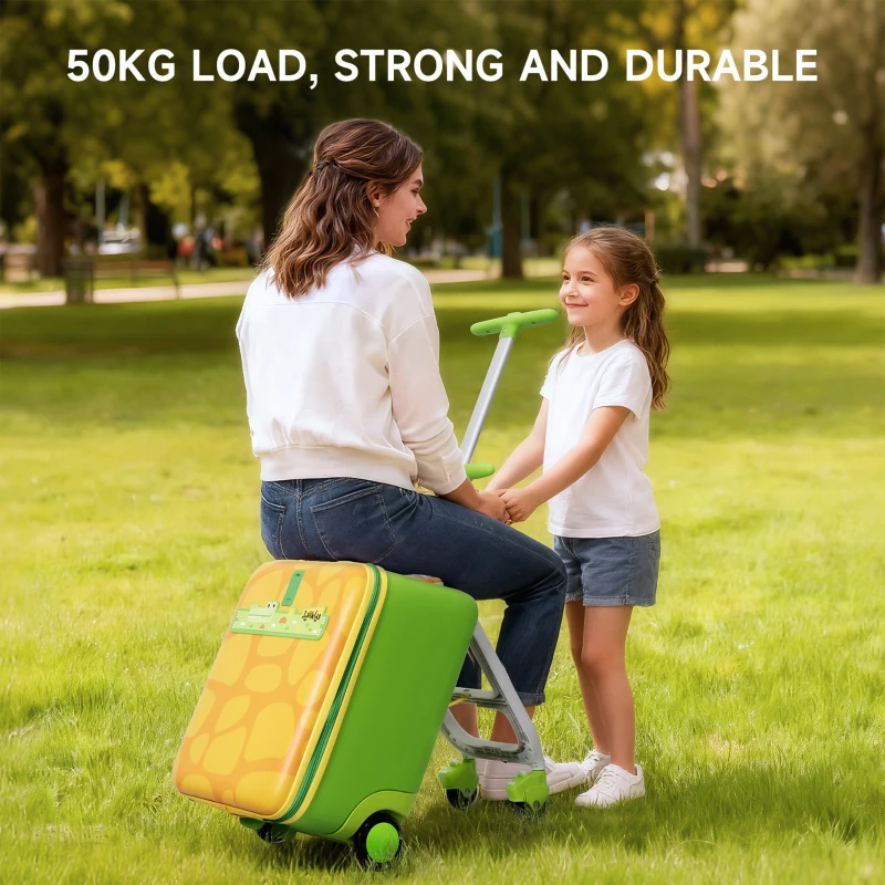 Fun Ride-On Kids Suitcase with 3-in-1 Stroller Function, Lightweight Trolley Cabin Luggage with One-Button Brake, 39L x 28.5W x 57H cm, Green