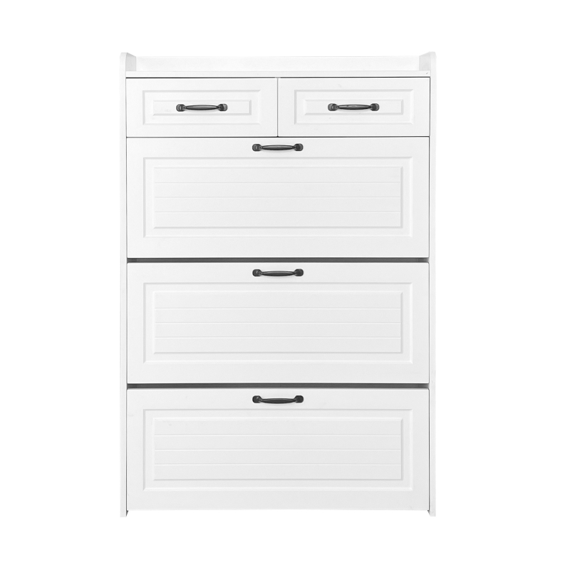Modern Wooden Shoe Cabinet with 3 Flip Louvered Doors and 2 Drawers, Space-Saving Entryway Storage for Hallway, 80L x 23.5W x 131H cm, White