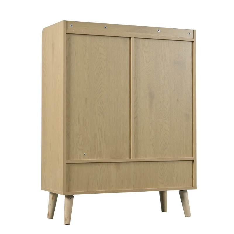 Modern Shoe Cabinet Storage Combo with 5-Tier Shelves, Freestanding Cupboard Organiser with Rattan Doors, 80L x 35W x 105H cm, Light Oak