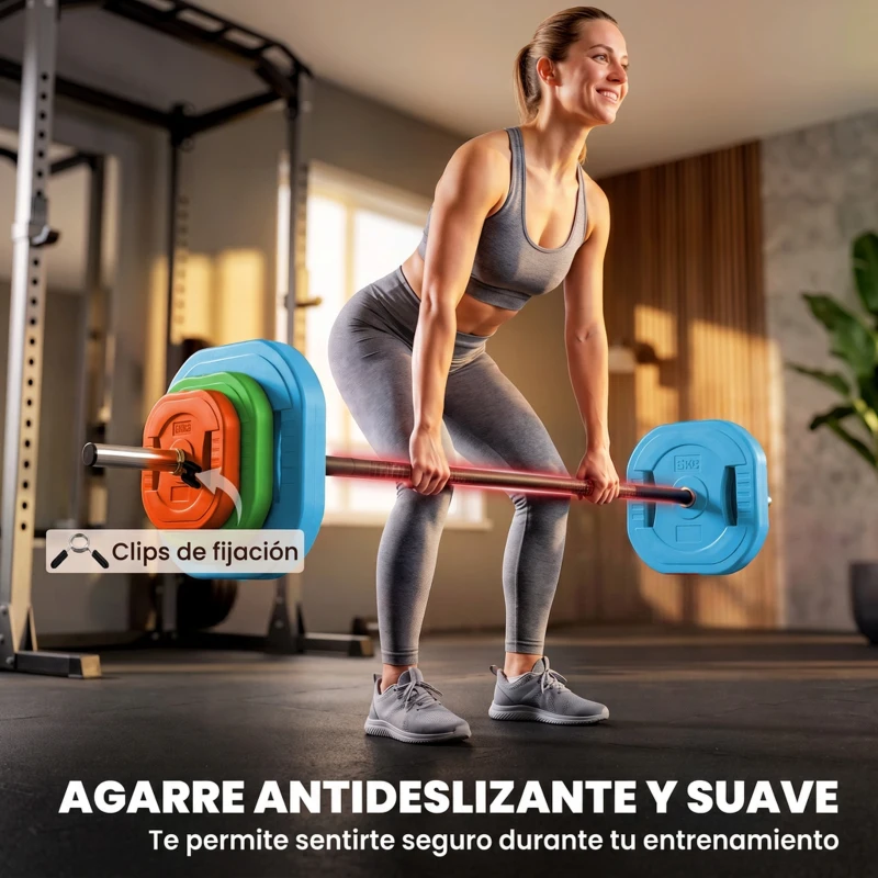 SPORTNOW Set de Pesas Ajustables con Barra de Acero de 140 cm 6 Discos de 5kg 2,5kg 1,5kg 2 Clips para Casa Gimnasio