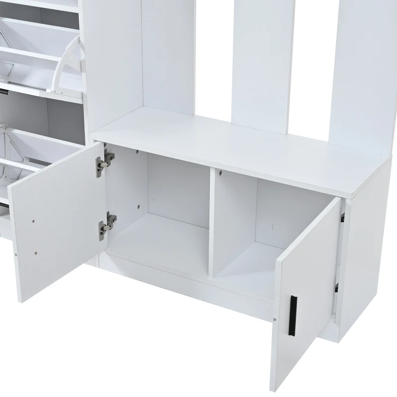 Modern Hall Tree with Coat Rack, Mirror and Shoe Bench, Space-Saving Entryway Unit with 6 Hooks and Flip Cabinets, 120L x 30W x 180H cm, White