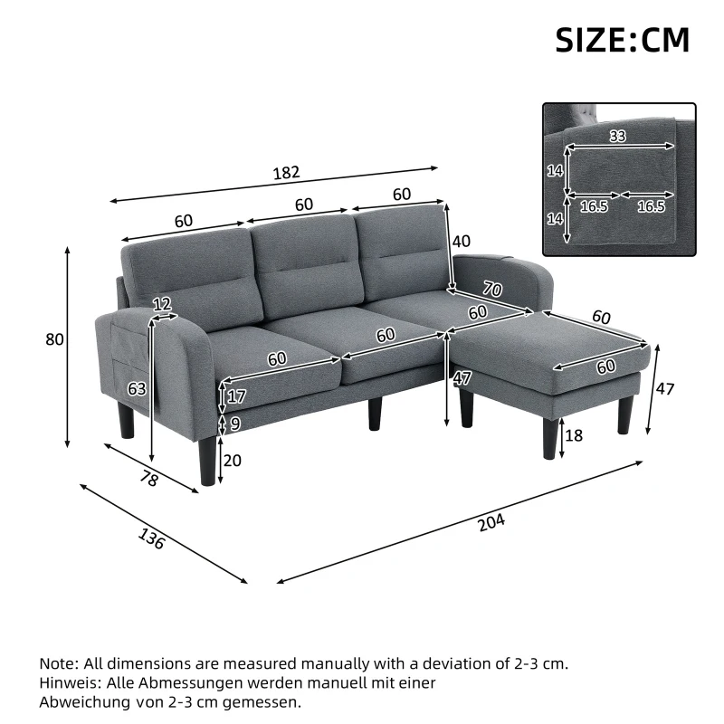 L-Shaped Sectional Sofa with Movable Chaise and Storage Pockets, Modular 3-Seater Corner Sofa for Living Room, 204L × 136W × 80H cm, Grey