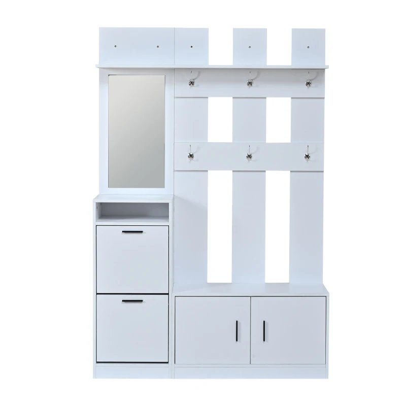 Modern Hall Tree with Coat Rack, Mirror and Shoe Bench, Space-Saving Entryway Unit with 6 Hooks and Flip Cabinets, 120L x 30W x 180H cm, White