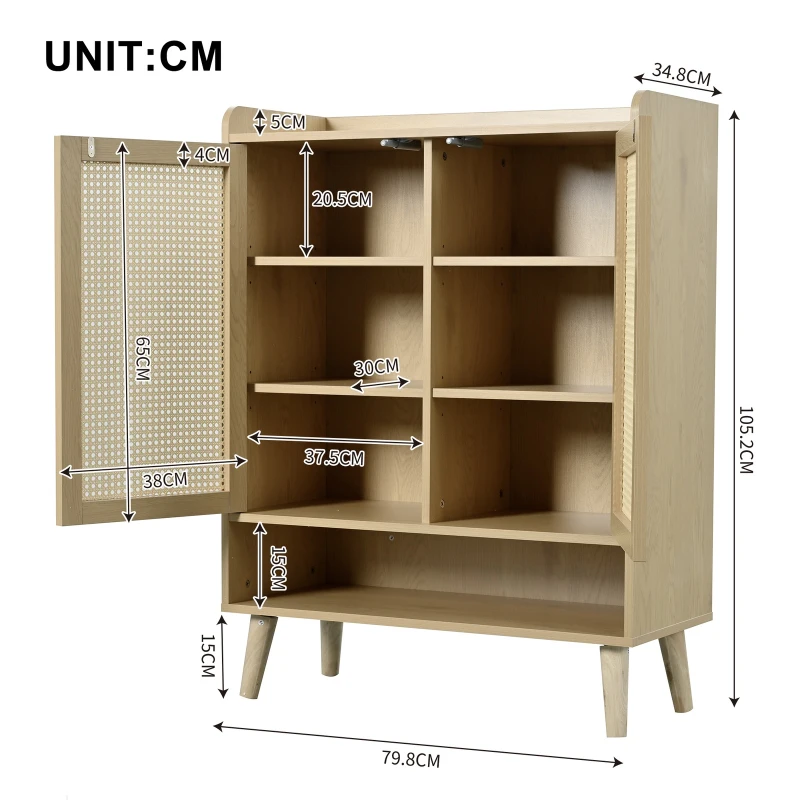 Modern Shoe Cabinet Storage Combo with 5-Tier Shelves, Freestanding Cupboard Organiser with Rattan Doors, 80L x 35W x 105H cm, Light Oak