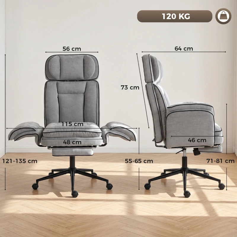 HOMCOM Silla de Escritorio con Reposapiés Reposabrazos Abatibles Respaldo Alto y Reclinable 145° Reposacabezas Ajustable Gris