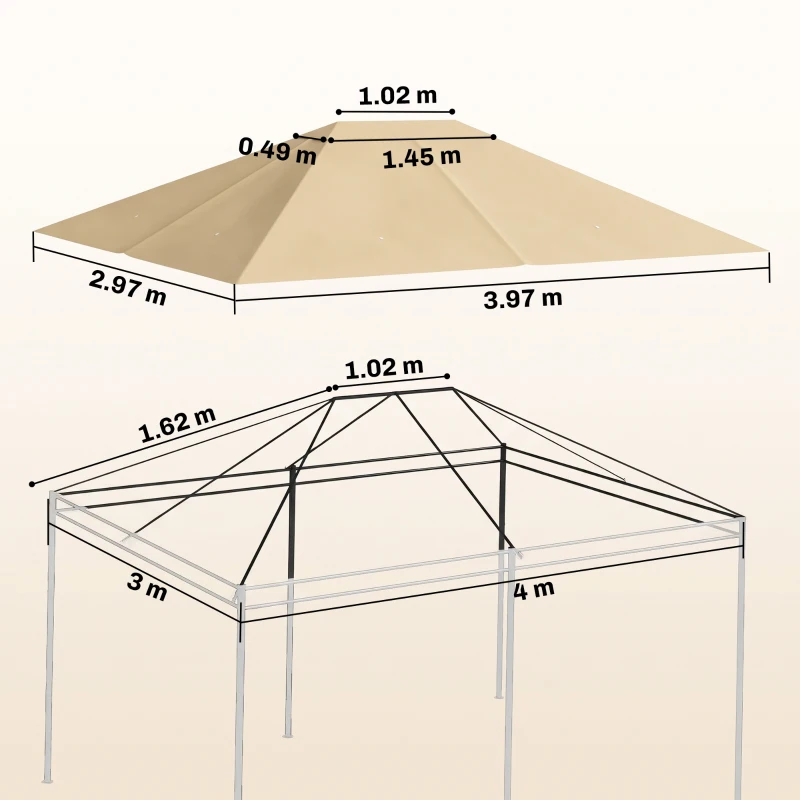 Outsunny 3 x 4m Gazebo Canopy Replacement Cover, Gazebo Roof Replacement (TOP COVER ONLY), Khaki