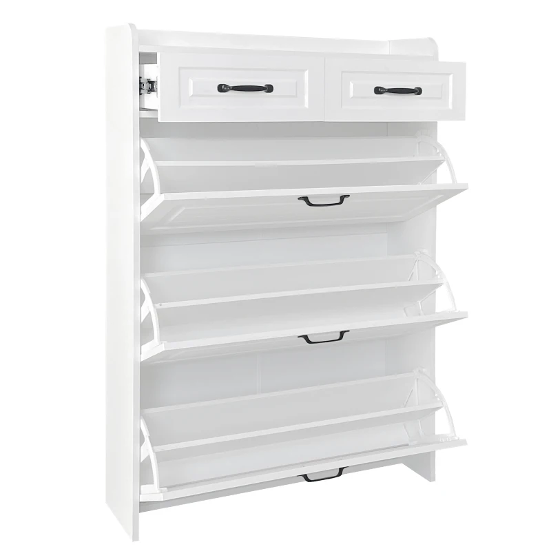 Modern Wooden Shoe Cabinet with 3 Flip Louvered Doors and 2 Drawers, Space-Saving Entryway Storage for Hallway, 80L x 23.5W x 131H cm, White