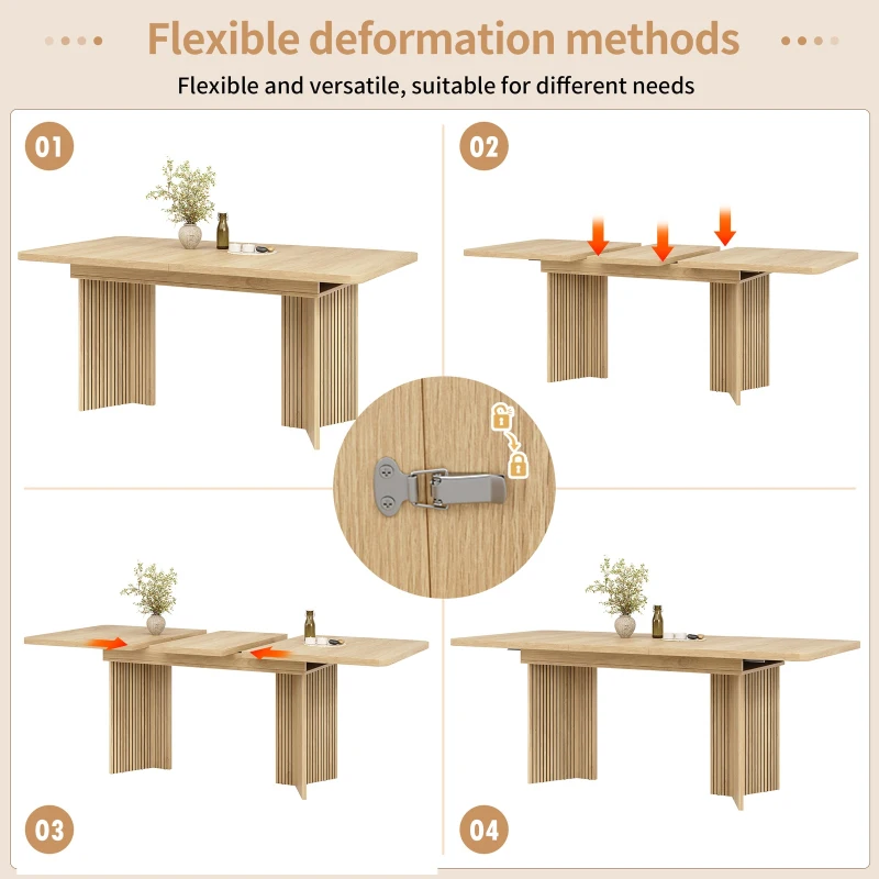 Extendable Dining Table with Grooved V-Shaped Legs, Space-Saving Dining Table for Flats and Family Meals, 120-160L x 80W x 76H cm, Natural