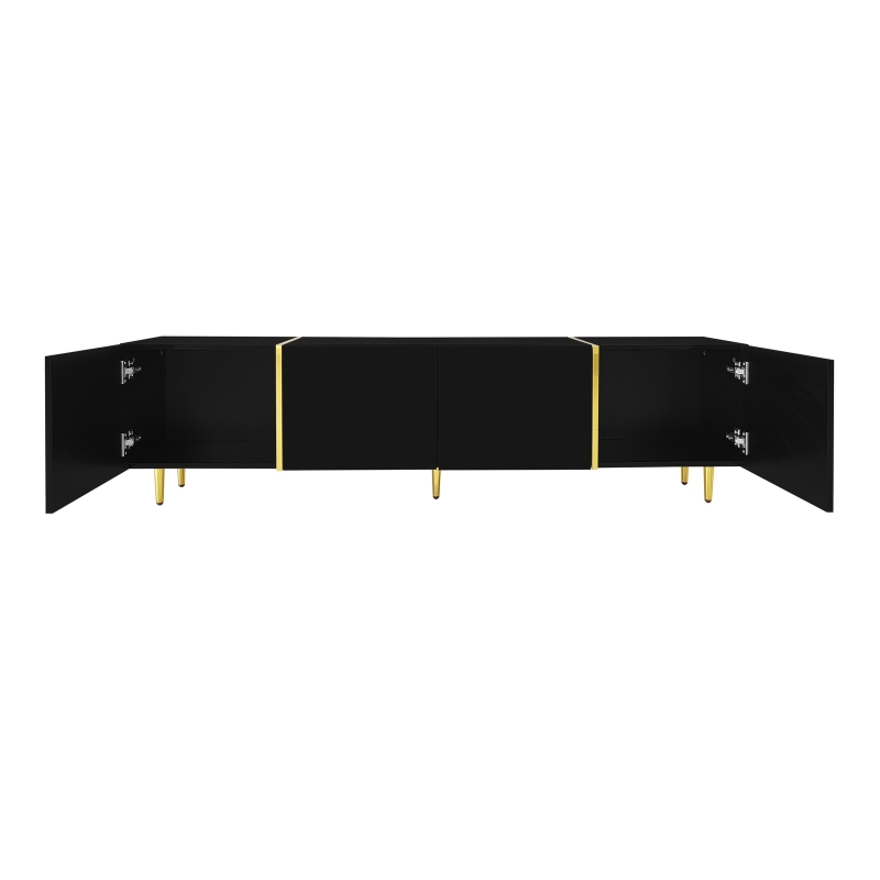 High-Gloss TV Cabinet with Four Soft-Close Doors, Modern Entertainment Stand for Living Room, 170L × 35W × 46H cm, Black+Gold