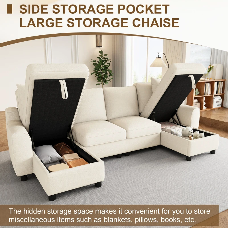 Modern Chenille U-Shaped Sectional Sofa with 2 Storage Chaise Lounges, Soft Convertible Couch with 2 Square Cushions, 272L x 131.5W x 84H cm, Beige