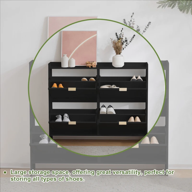 Modern Wooden Shoe Cabinet with 4 Flip Drawers, Space-Saving Storage Organiser with Side Umbrella Hooks, 110L x 24W x 90H cm, Black