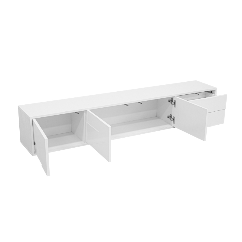 High-Gloss TV Lowboard with Handleless Fronts, 3 Doors and 2 Drawers, Storage Unit for Wall-Mount or Freestanding, 167L x 30W x 30H cm, White