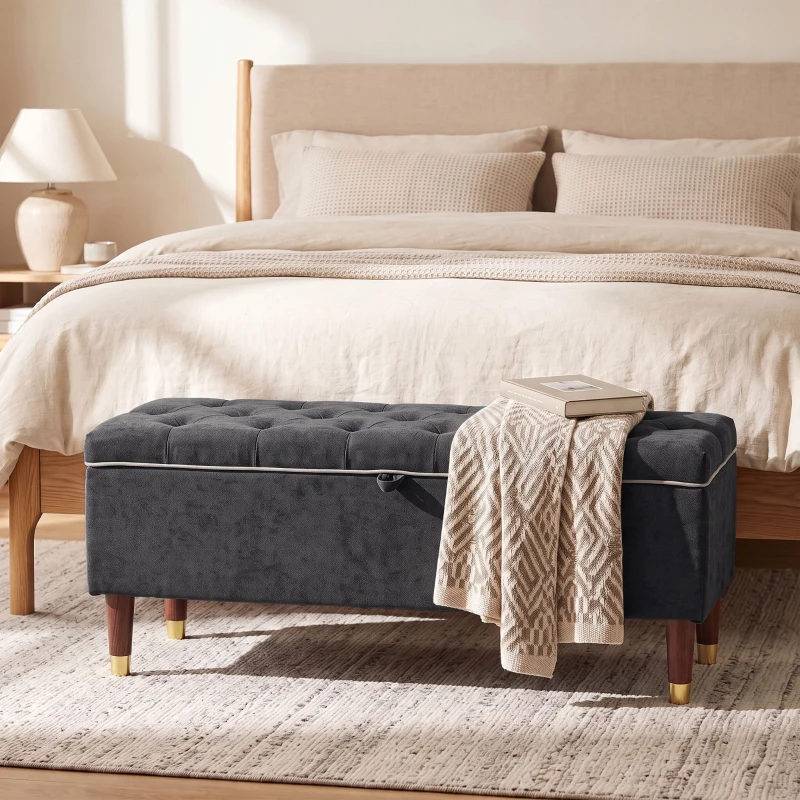 HOMCOM Cassapanca 78L Pouf Contenitore 117x44x45cm, Seduta Imbottita 2 Posti in Tessuto Effetto Lino, Grigio Scuro