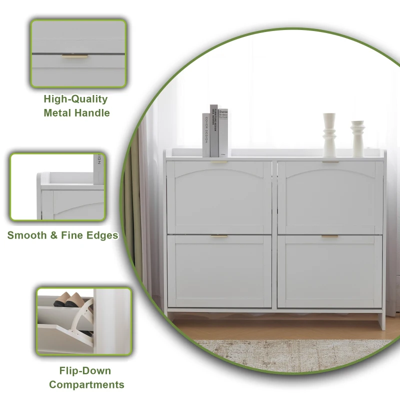 Modern Wooden Shoe Cabinet with 4 Flip Drawers and Open Shelves, Space-Saving Organiser Cupboard for Hallway, 110L x 24W x 90H cm, White