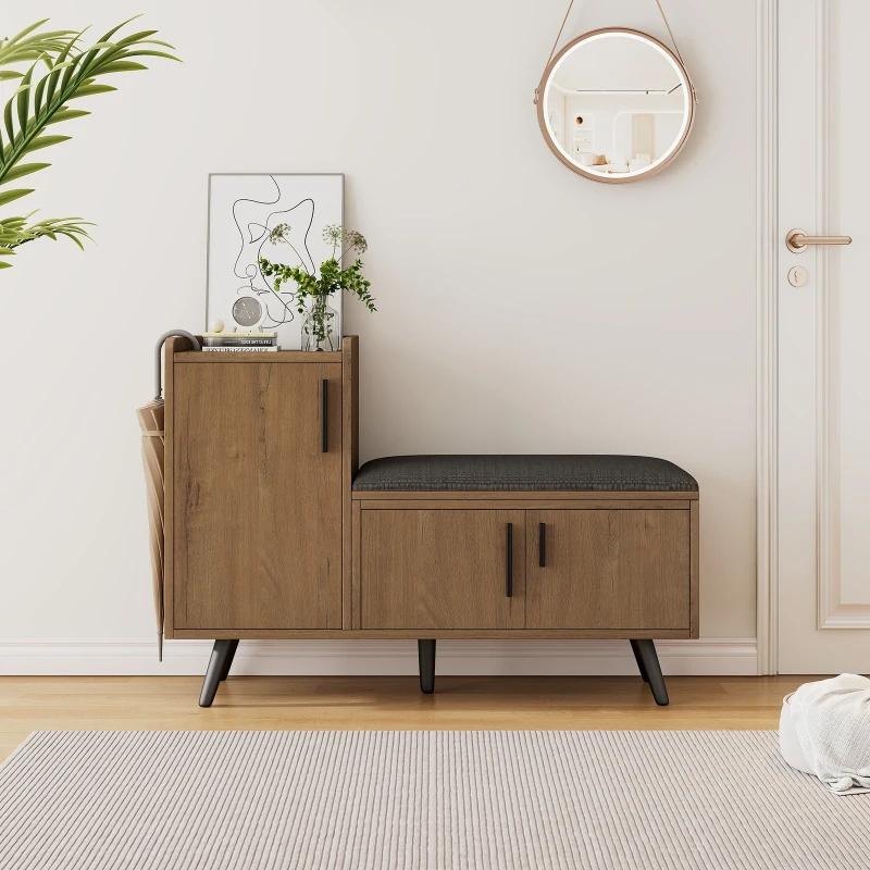 Modern Wooden Shoe Bench with Padded Cushioned Seat, Soft Shoe Storage Organiser with Adjustable Shelves, 100L x 34W x 69H cm, Natural