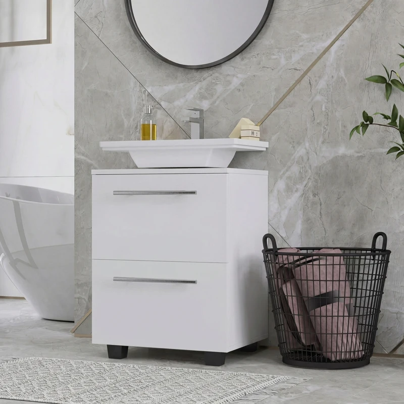 HOMCOM Mueble Bajo Lavabo con Cajón y Gabinete con Puerta Recorte en U para Lavabo sin Pedestal 41,5x35,5x59 cm Blanco