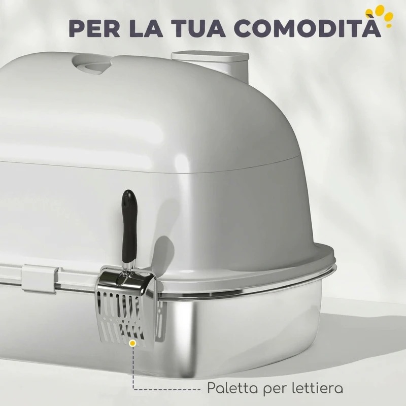 PawHut Lettiera Gatto Chiusa L in Acciaio Inox con Maniglia, Paletta, Pacchetto Deodorante, Antiperdita, Grigio