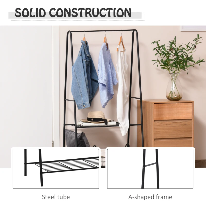 HOMCOM Metal Clothes Rack Coat Garment Hanger Hallway Organiser Hanging Rail Stand 2-tier Shoe Shelving A Shaped 77W x 45D x 153H cm Black
