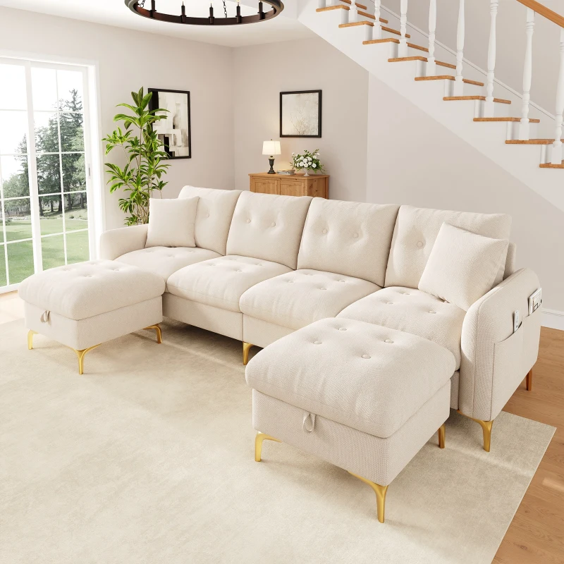 Modern U-Shaped Modular Sleeper Sofa with 2 Storage Ottomans, Soft Convertible Couch 2 Decorative Cushions, 263L x 137W x 85H cm, Beige