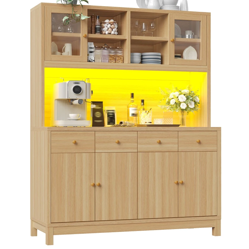 Modern Tall Buffet Cabinet with App-Controlled RGB LED, Versatile Storage Cabinet for Kitchen and Dining Room, 140L x 38.5W x 180H cm, Natural