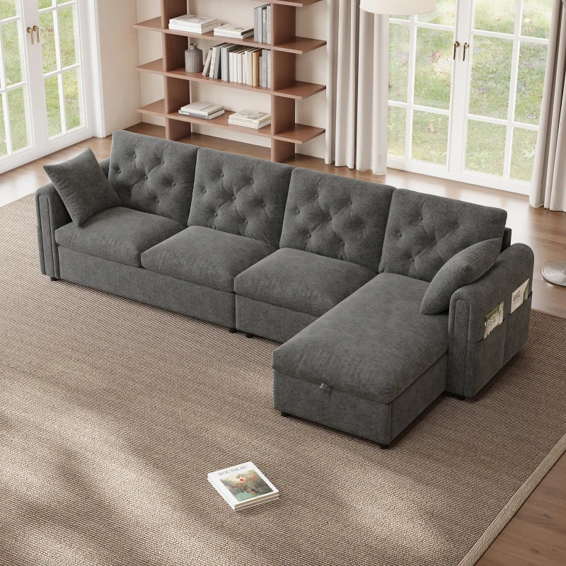 Modern Velvet L-Shaped Sectional Sofa with Reversible Storage Chaise and Tufted Back, Soft Corner Couch for Living Room, 281L x 132W x 86H cm, Grey