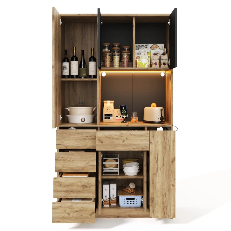 Modern Tall Kitchen Pantry Sideboard with 4-Tier Pull-Out Organiser, Freestanding Storage Cupboard with Power Outlets, 105L x 40W x 185H cm, Black