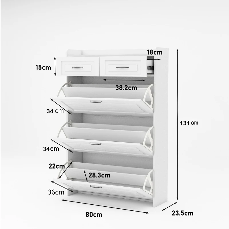 Modern Wooden Shoe Cabinet with 3 Flip Louvered Doors and 2 Drawers, Space-Saving Entryway Storage for Hallway, 80L x 23.5W x 131H cm, White