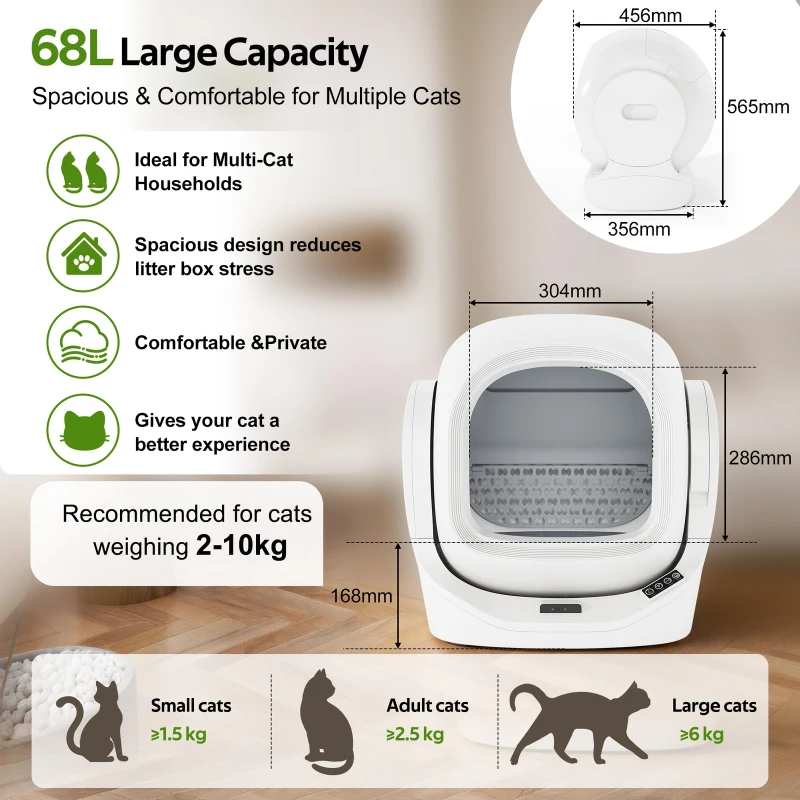 Self-Cleaning Cat Litter Box with App Control and 8L Waste Bin, Automatic Cat Litter Tray for One to Two Cats, 53L x 45.5W x 56.5H cm, White