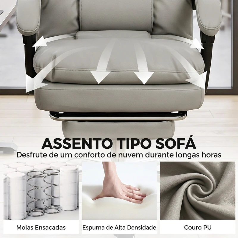 HOMCOM Cadeira de Escritório Ergonómica em PU com Molas Ensacadas, Reclinável 155°, Encosto Alto, Apoio de Cabeça, Cinzento-Claro