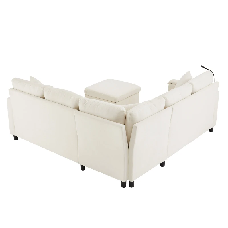 Modern Corner Sofa Bed with Reading Lamp and Fold-Out Cup Holder Table, Soft Pull-Out Sleeper Couch with Ottoman, 205L x 205W x 85H cm, Beige
