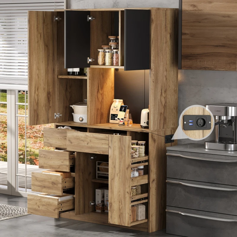 Modern Tall Kitchen Pantry Sideboard with 4-Tier Pull-Out Organiser, Freestanding Storage Cupboard with Power Outlets, 105L x 40W x 185H cm, Black