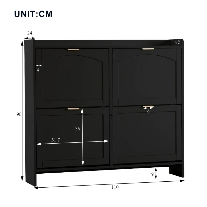 Modern Wooden Shoe Cabinet with 4 Flip Drawers, Space-Saving Storage Organiser with Side Umbrella Hooks, 110L x 24W x 90H cm, Black