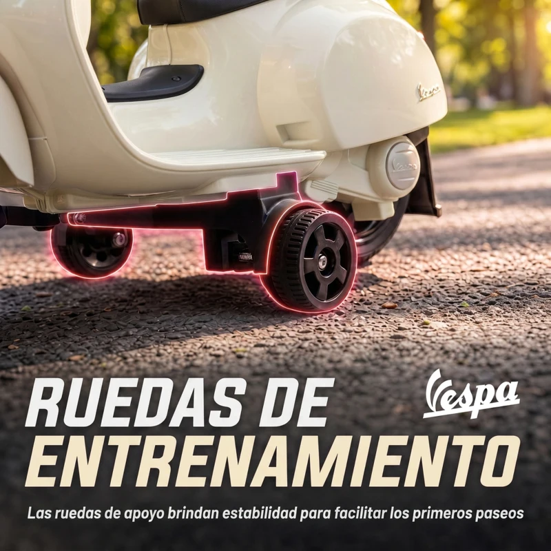 AIYAPLAY Moto Eléctrica para Niños Licencia Mini Vespa GTS 2 Ruedas Auxiliares Batería de Litio Faro Bocina Respaldo Blanco