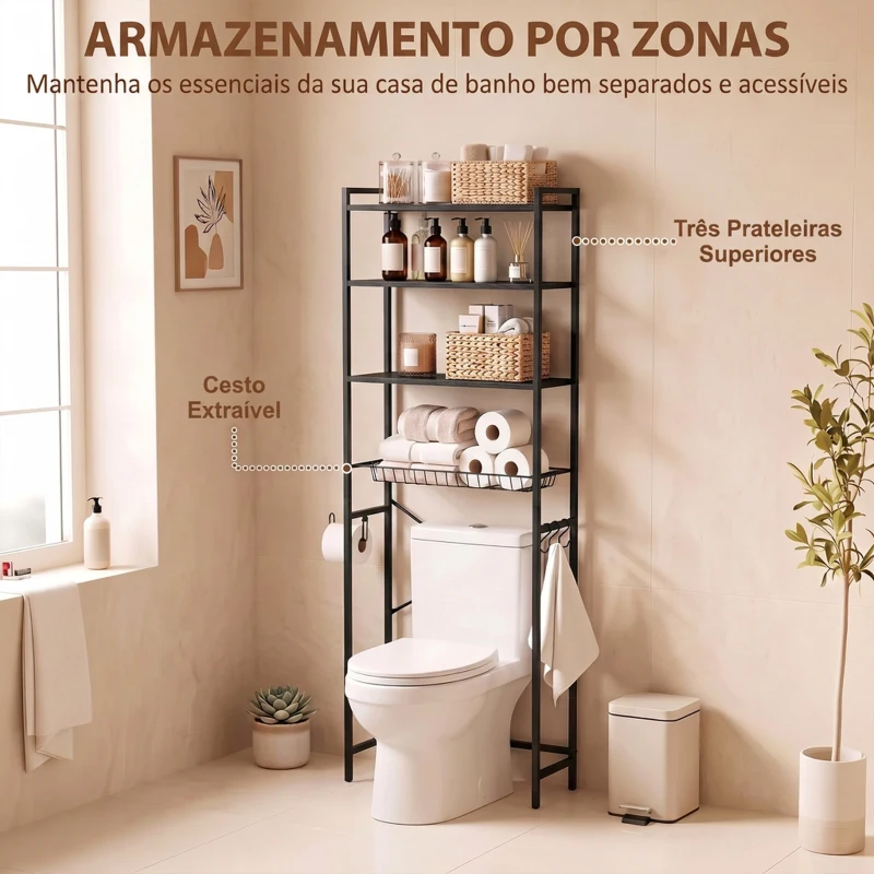 HOMCOM Móvel para Sanita de 3 Níveis com Porta-Rolos Prateleiras Ajustáveis Cesto Amovível e Ganchos Castanho Rústico