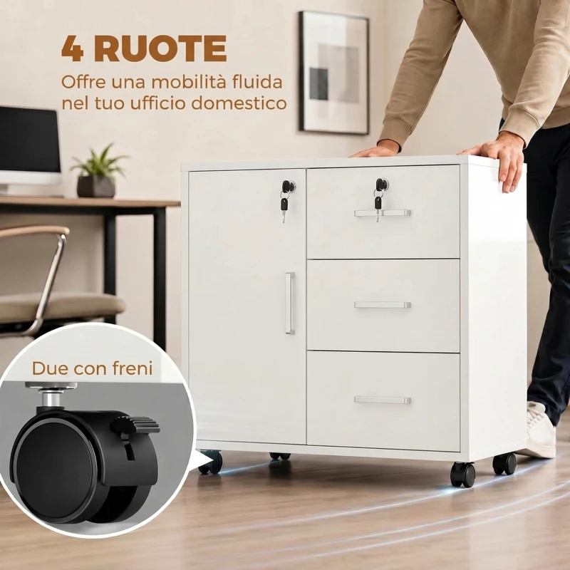 HOMCOM Schedario per Ufficio con 3 Cassetti e Armadietto con 3 Ripiani Regolabili, in Legno, 60x40x56 cm, Bianco
