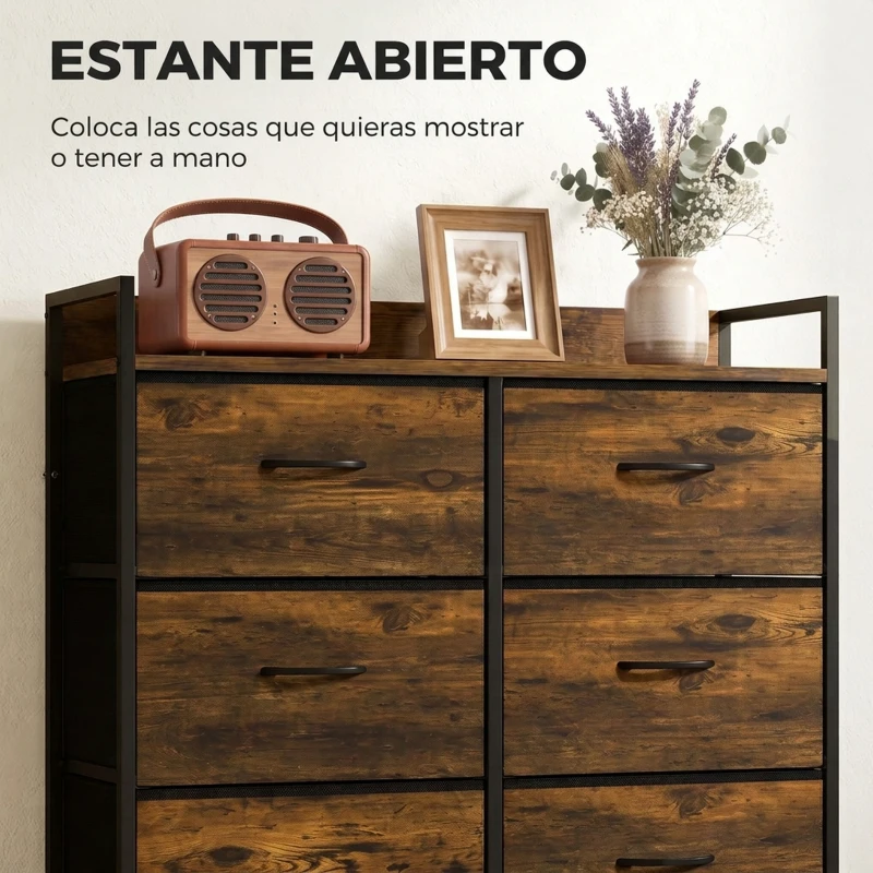 HOMCOM Cómoda con 6 Cajones Plegables Cajonera de Tela con Estructura de Acero Estilo Industrial 79x29x85 cm Marrón Rústico