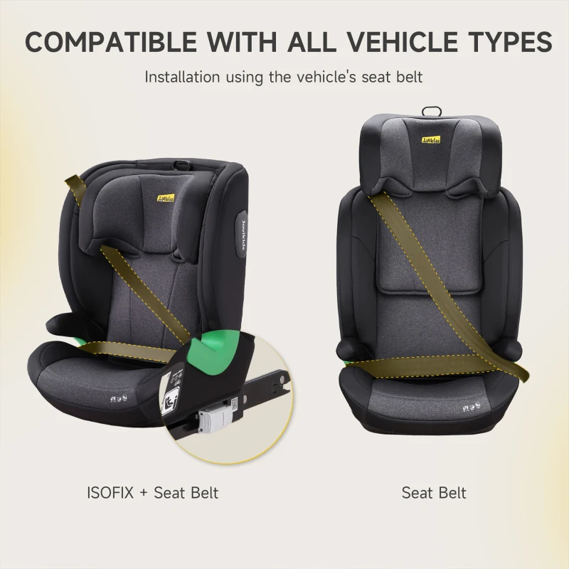 Safe Highback Car Booster Seat with 10-Position Adjustable Headrest, Portable Travel Booster Chair with i-Size R129 Protection, 44L x 46W x 80H cm, Black