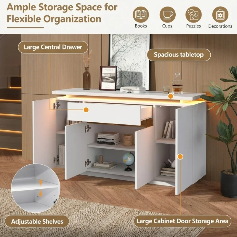 Modern LED Sideboard with 4 Doors and Large Drawer, Freestanding Buffet Cupboard for Living Room, 140L x 40W x 80H cm, White+Natural