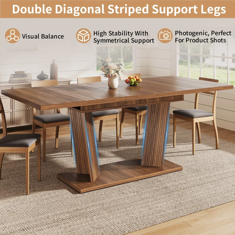 Extendable Dining Table with Double-Column Base, Space-Saving Kitchen Table with Anti-Slip Feet, 120-160L x 80W x 76H cm, Dark Brown