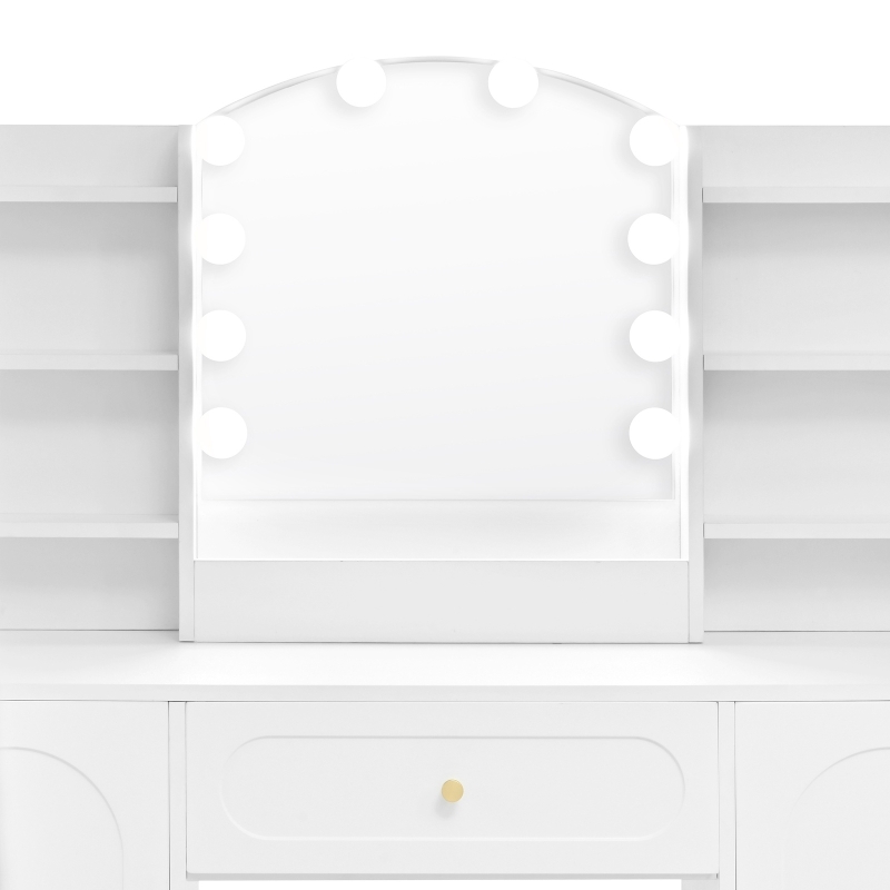 Modern Vanity Desk with Padded Stool and 2 Storage Cabinets, Makeup Dressing Table with Adjustable LED Mirror, 110L x 40W x 132H cm, White