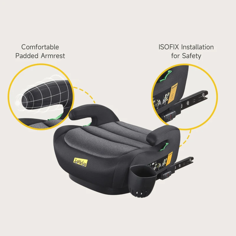 I-Size Booster Seat with ISOFIX and ECE R129, Car Seat with Washable Cover and Cup Holder for Children 125-150 cm, 40L x 42W x 17H cm, Black