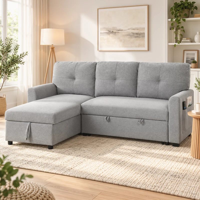 HOMCOM Canapea extensibilă 3 locuri cu șezlong convertibil, spațiu de depozitare, 3 perne, material cu efect de in, gri