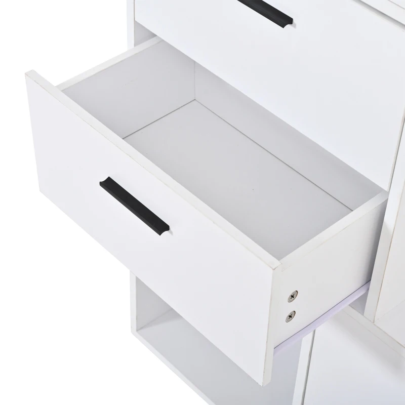 Modern Hall Tree with Mirror and Fold-Out Shoe Rack, Space-Saving Entryway Organizer with 3 Hooks and Drawers, 90L x 30W x 180H cm, White
