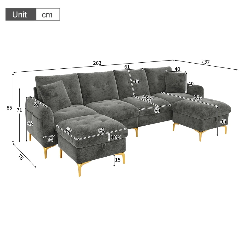Modern U-Shaped Modular Sleeper Sofa with 2 Storage Ottomans, Soft Convertible Couch with 2 Decorative Cushions, 263L x 137W x 85H cm, Gray