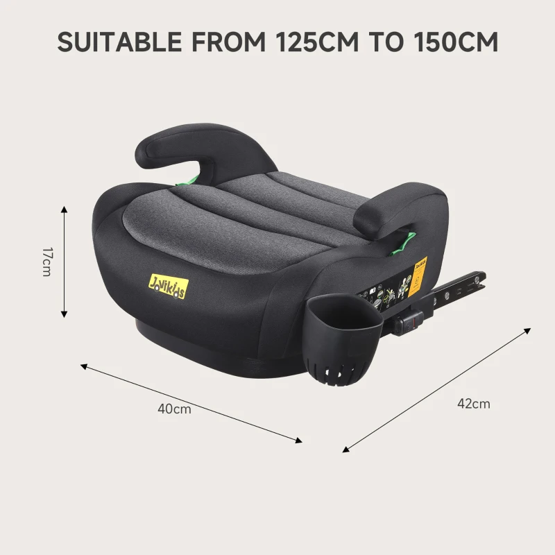 I-Size Booster Seat with ISOFIX and ECE R129, Car Seat with Washable Cover and Cup Holder for Children 125-150 cm, 40L x 42W x 17H cm, Black