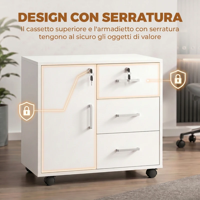 HOMCOM Schedario per Ufficio con 3 Cassetti e Armadietto con 3 Ripiani Regolabili, in Legno, 60x40x56 cm, Bianco