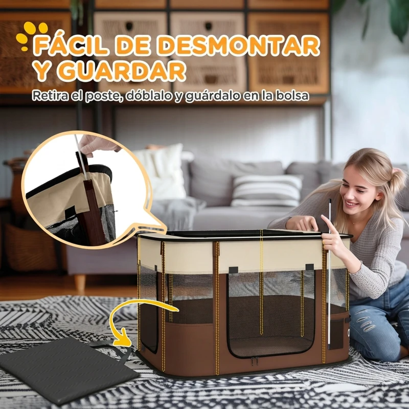 PawHut Parque para Perros y Gatos, Corralito Plegable Portátil para Cachorros Conejos y Cobayas Tela Oxford 84x64x53 cm Marrón